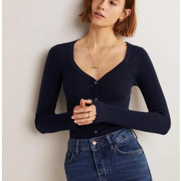 Boden Ribbed Sweetheart Cardigan US-12/UK-16 Navy NWT - Picture 1 of 5